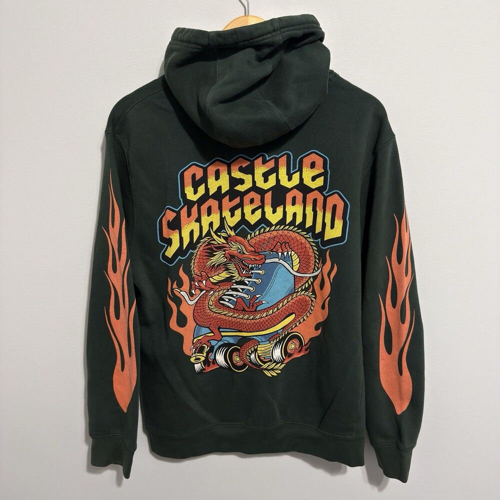 Vintage Y2K Castle Skateland Hoodie Sweatshirt Grunge Skateboarding Flames M